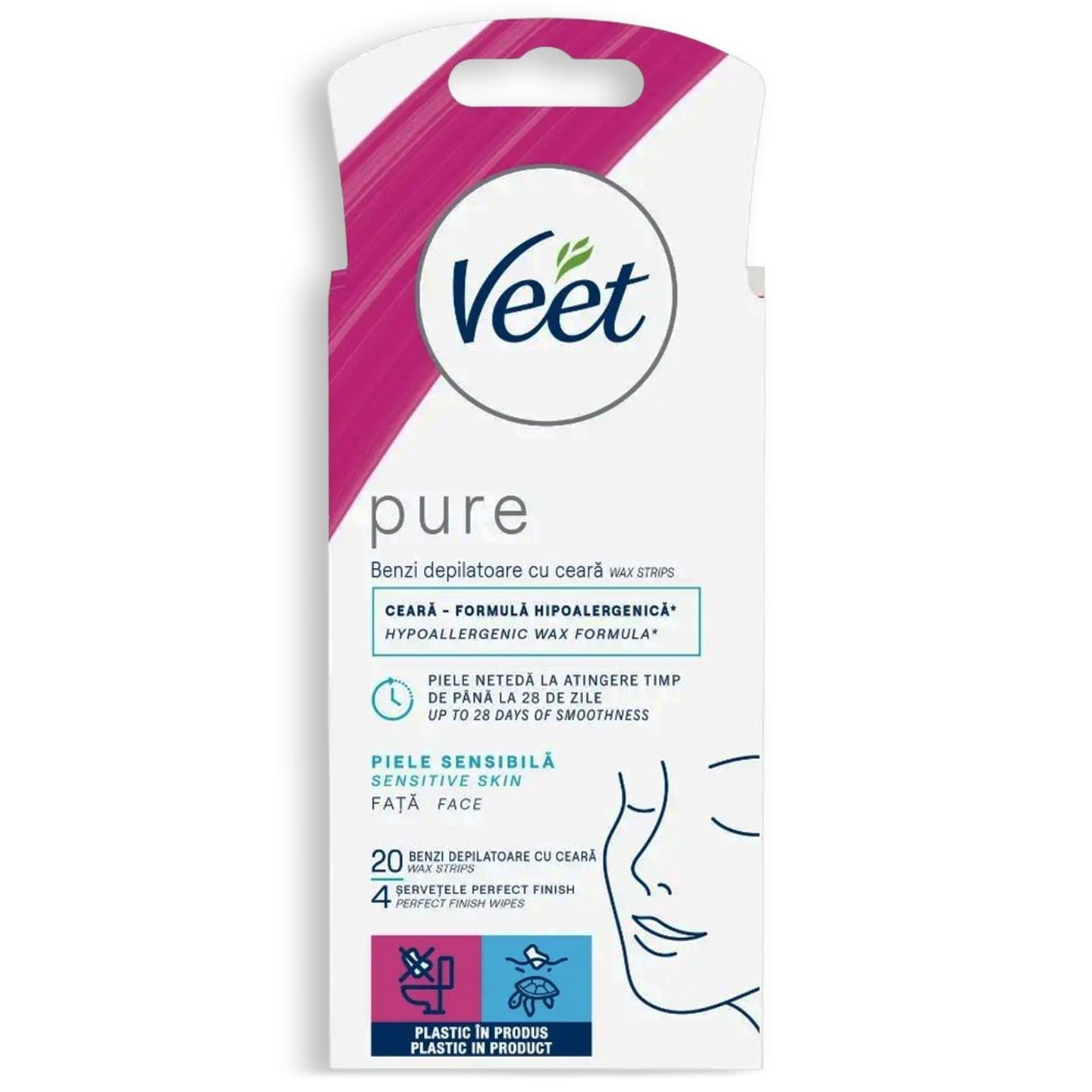Benzi de ceară depilatoare Veet Pure pentru față, 20 benzi