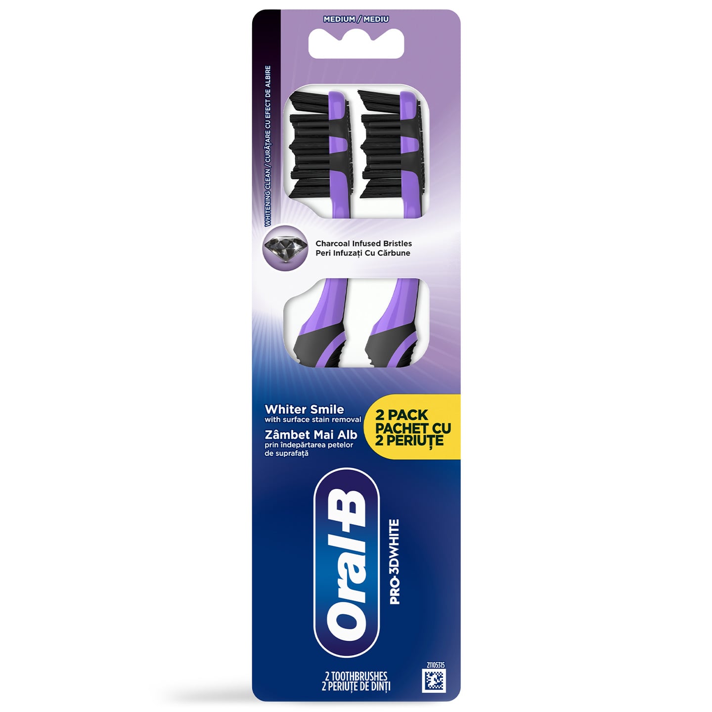 Periuță manuală Oral-B Pro-3DWhite Charcoal, peri de duritate medie, 2buc.