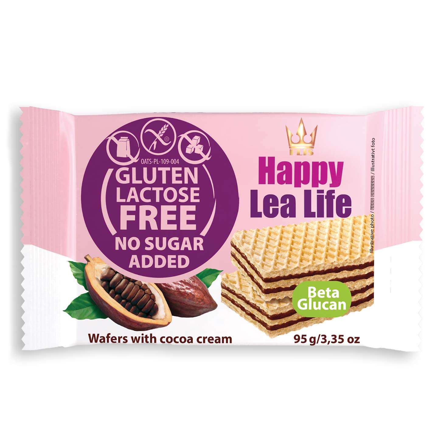 Napolitane fără zahăr cu cremă de cacao / vanilie Happy Lea Life 95g