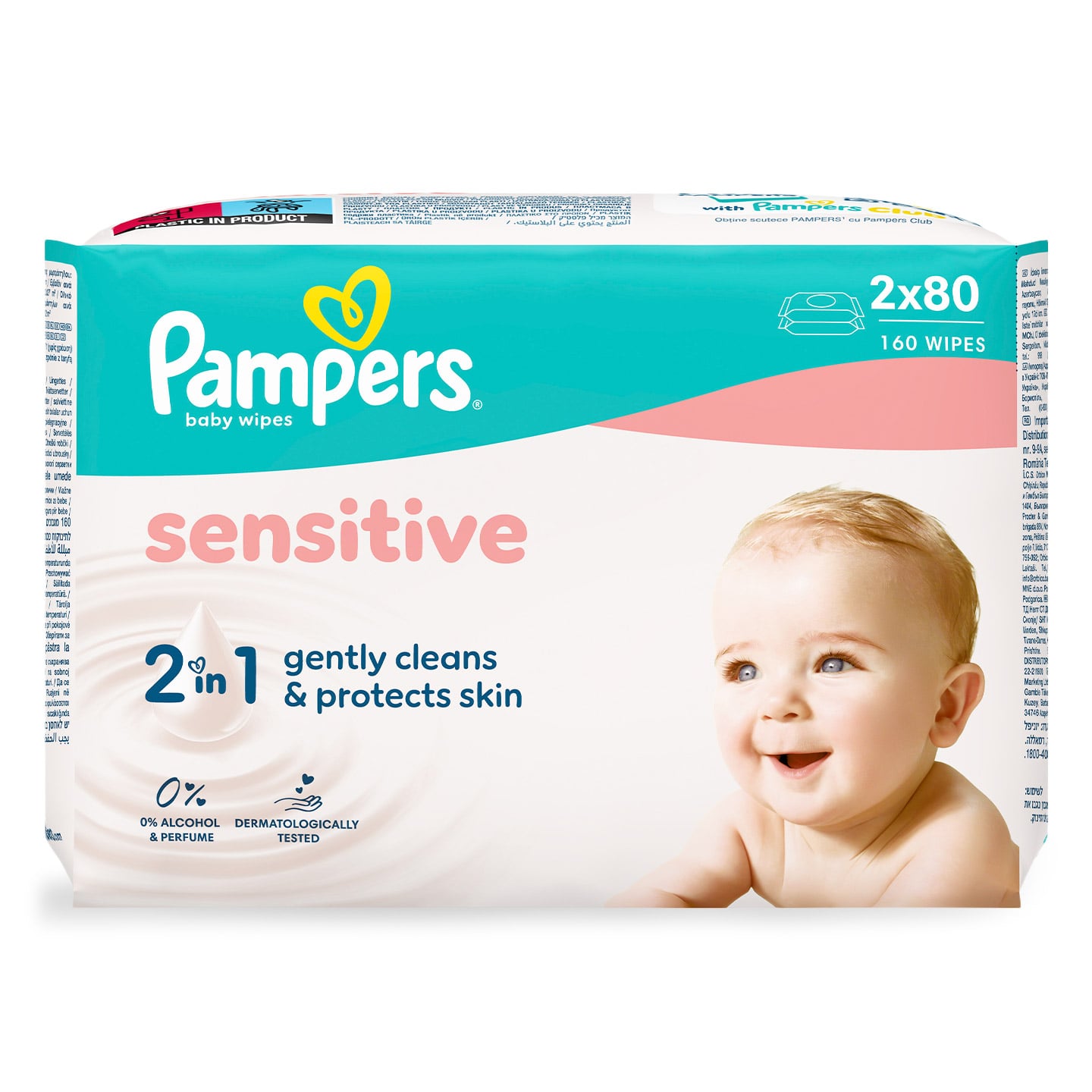 Servețele umede Pampers Sensitive, 2 pachete x 80 șervețele, 160 buc.