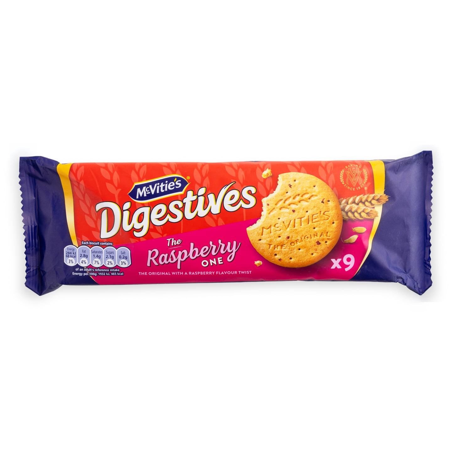Biscuiți din grâu cu bucăți de zmeură confiată / cacao McVities Dig 133g