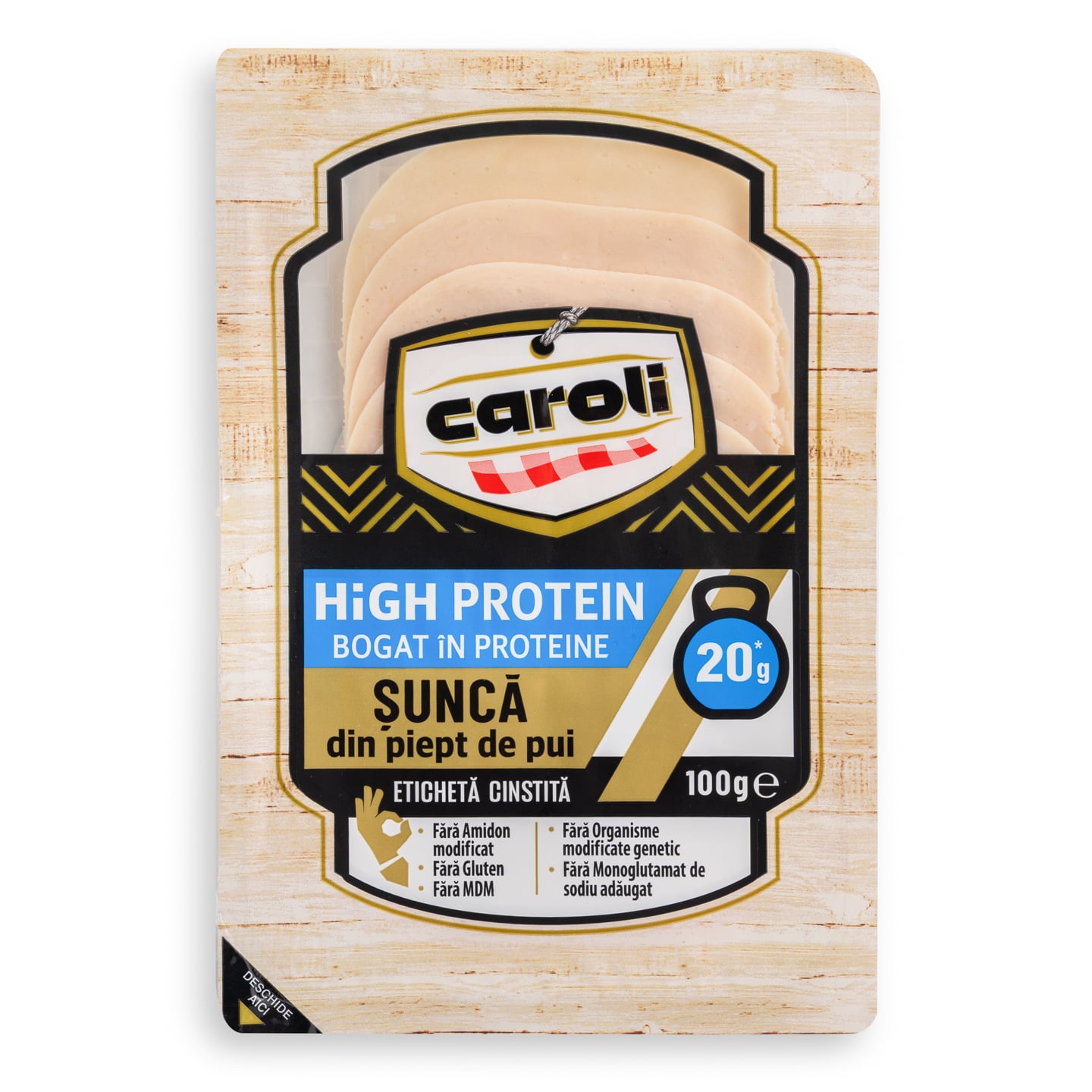Șuncă de pui / porc feliat Caroli High Protein, 100g