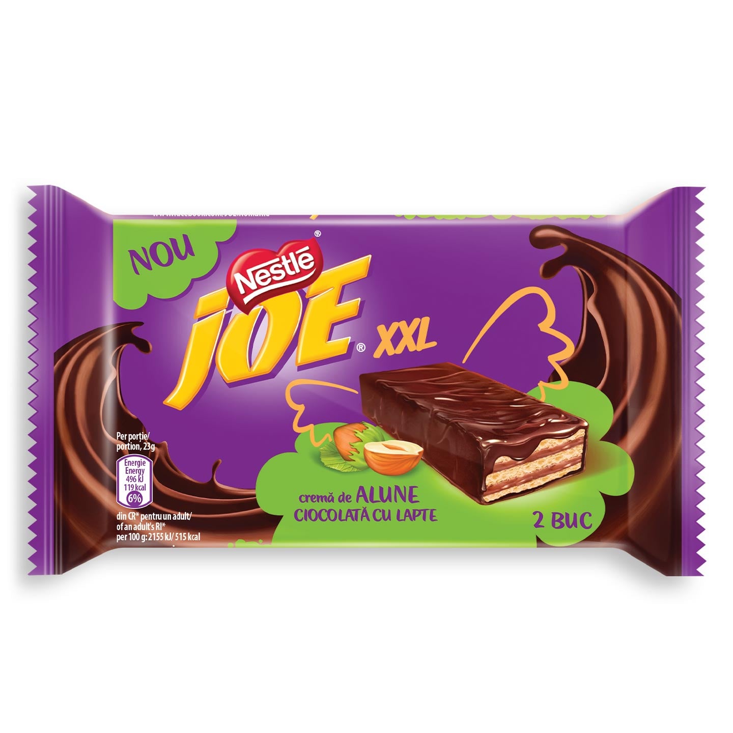 Napolitane cu cremă de alune de pădure / cacao și glazură de ciocolată cu lapte Joe XXL 46 g