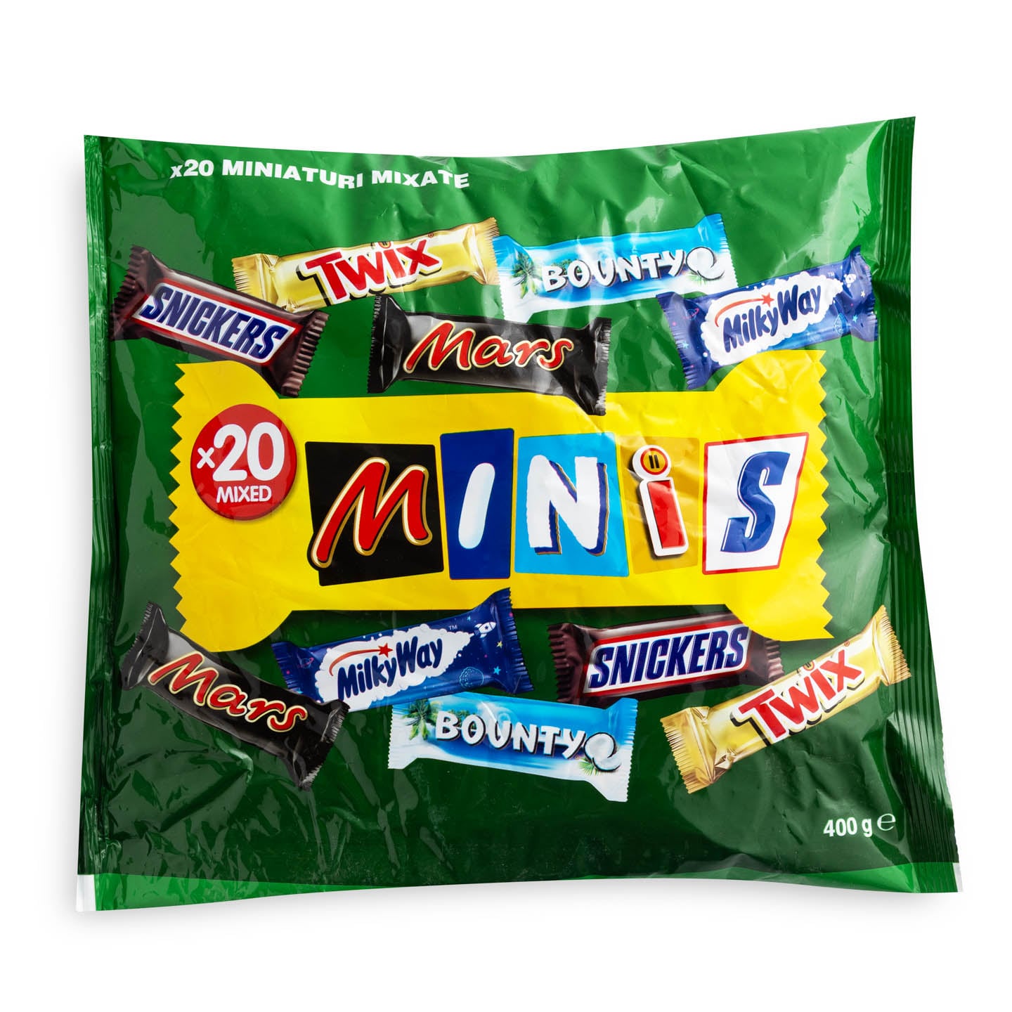 Minis Mix cu mini batoane  de ciocolată cu lapte Snickers, Mars, Twix, Bounty, Milky Way, 400g