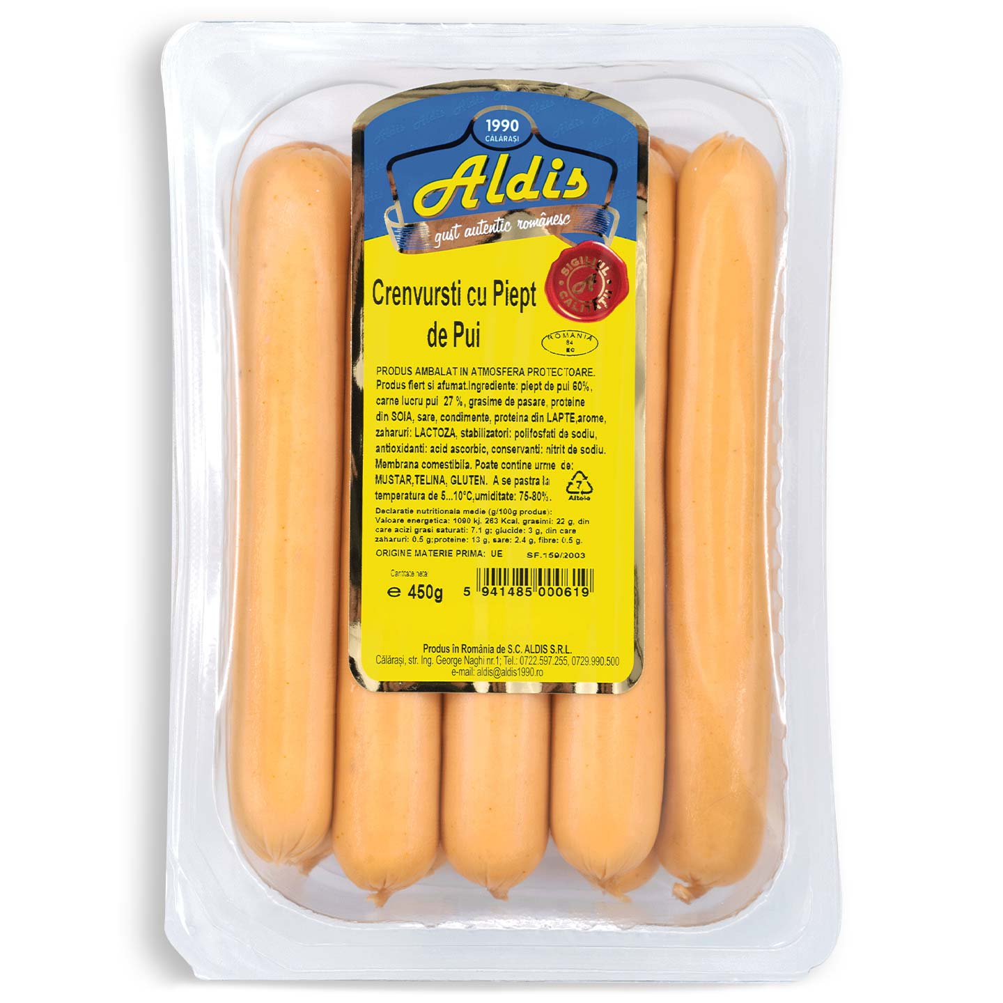 Crenvuști cu piept de pui Aldis 450g 