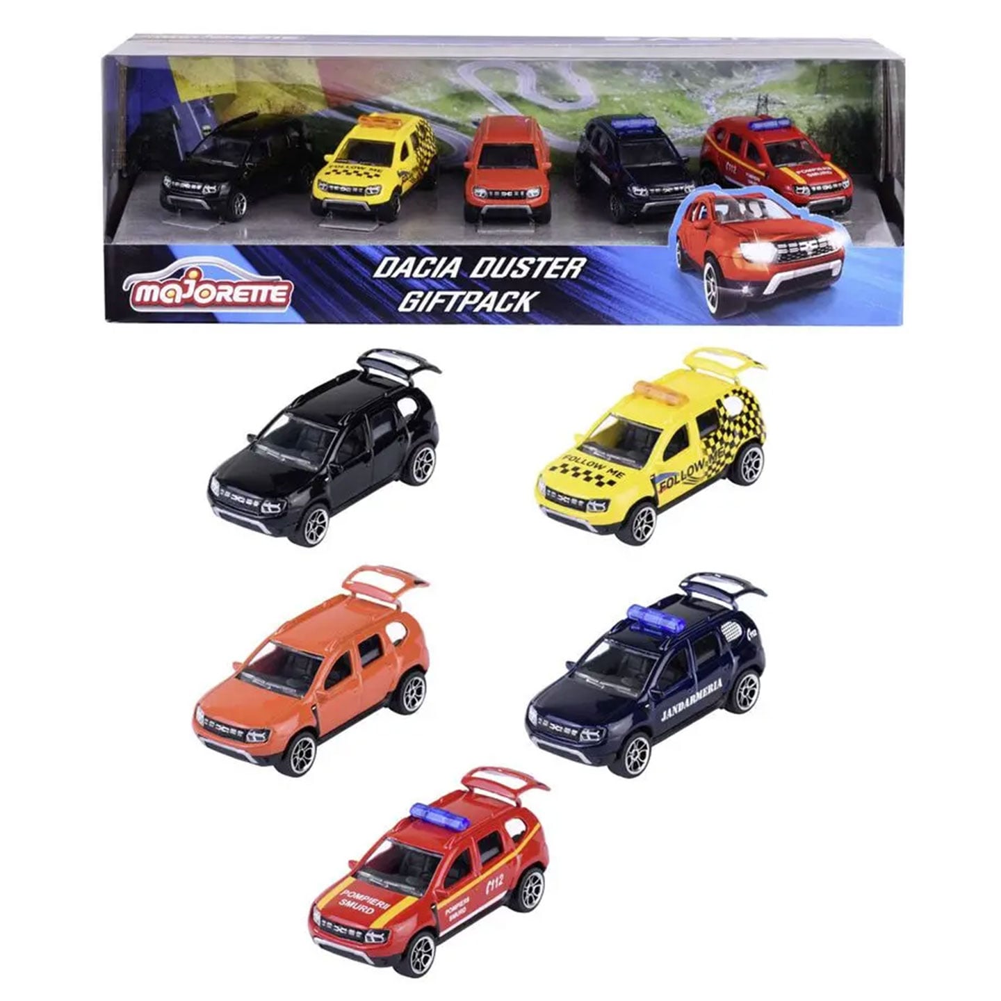 Set x 5 mașinuțe Majorette Dacia Duster, metal, 7.5cm, multicolor