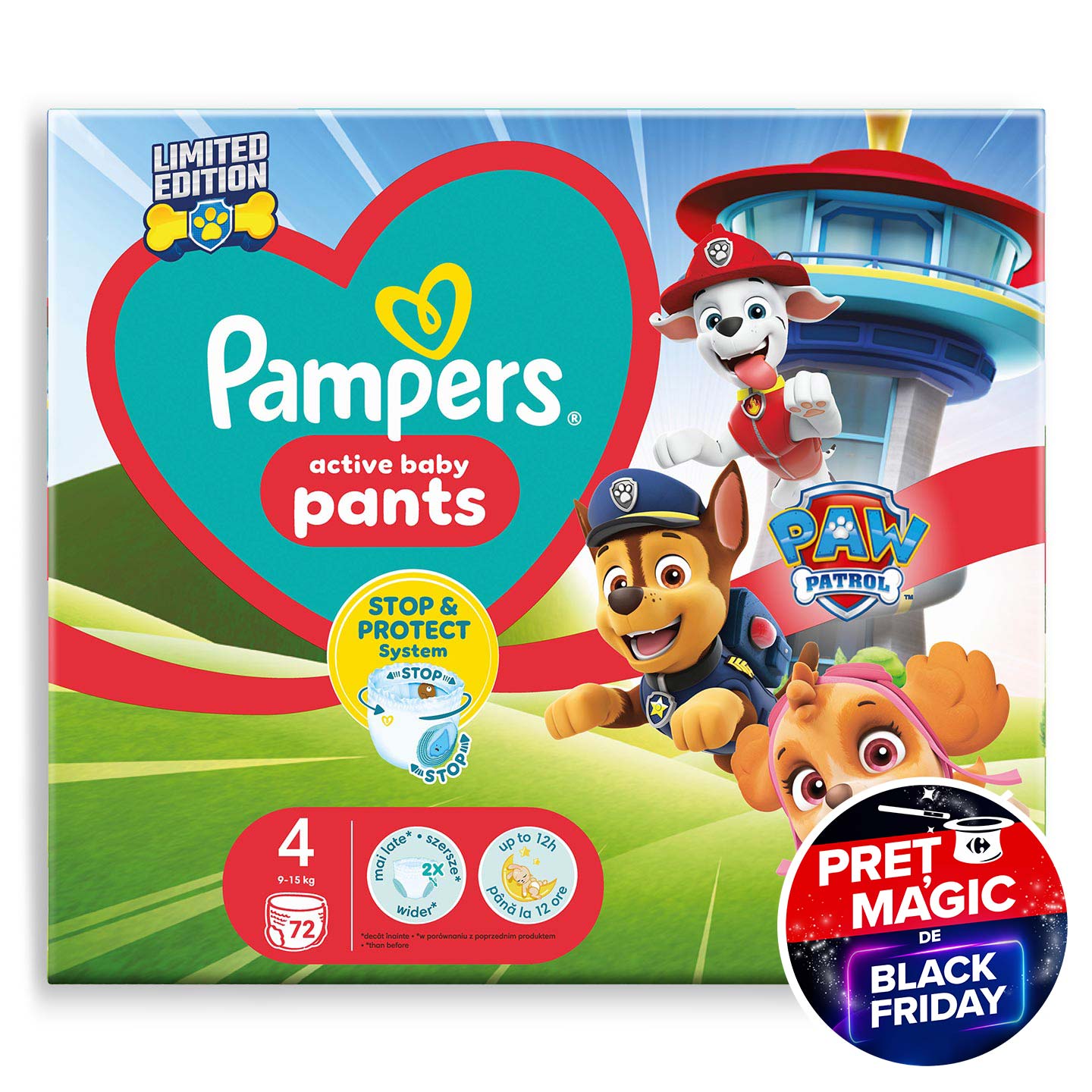 Scutece-chiloțel Active Baby Paw Patrol Edition mărimi 4/5/6  Pampers 72buc. / 66 buc. / 60 buc.