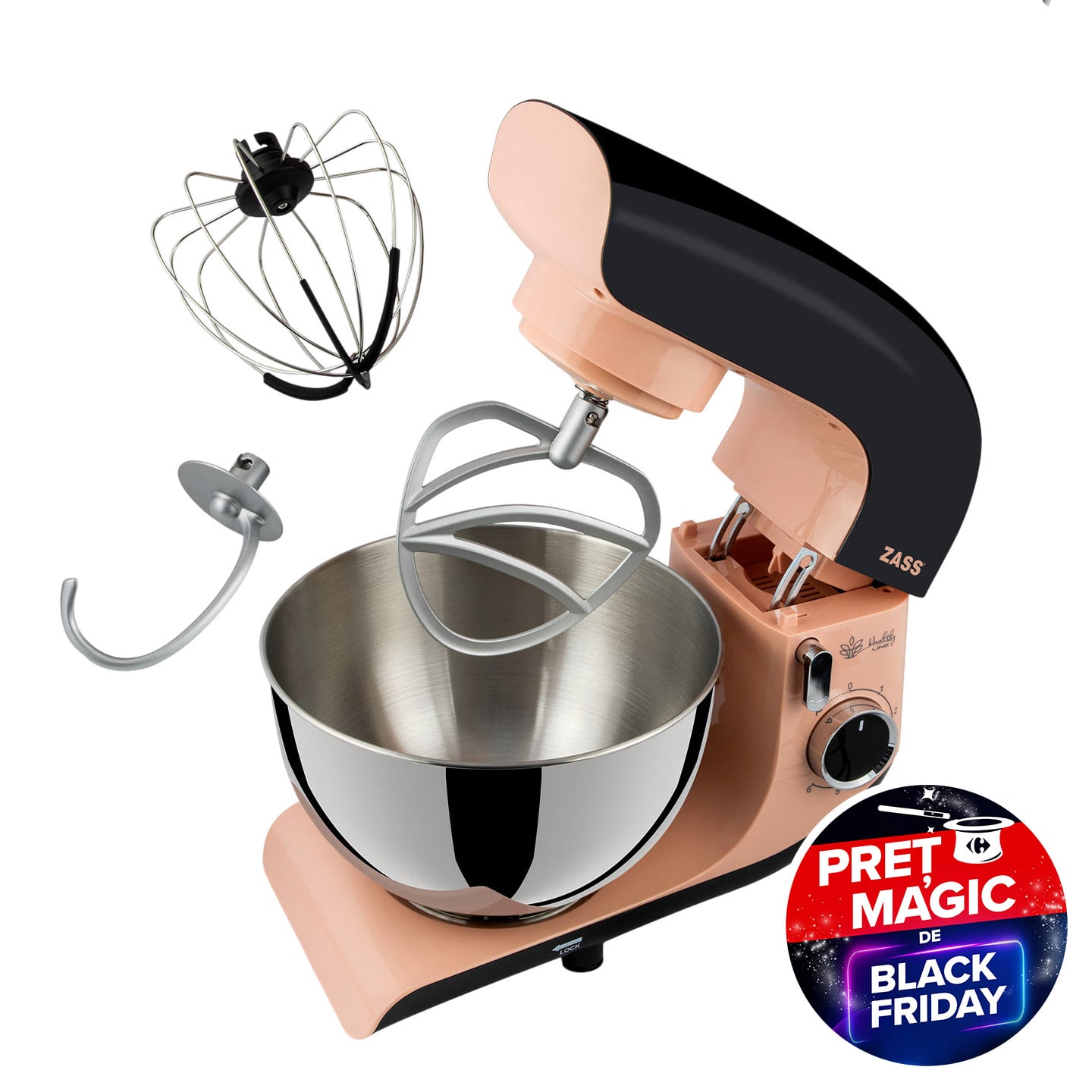 Mixer planetar Zass ZPSM 31, 6 litri, 6 viteze, 2000 W, roz / negru