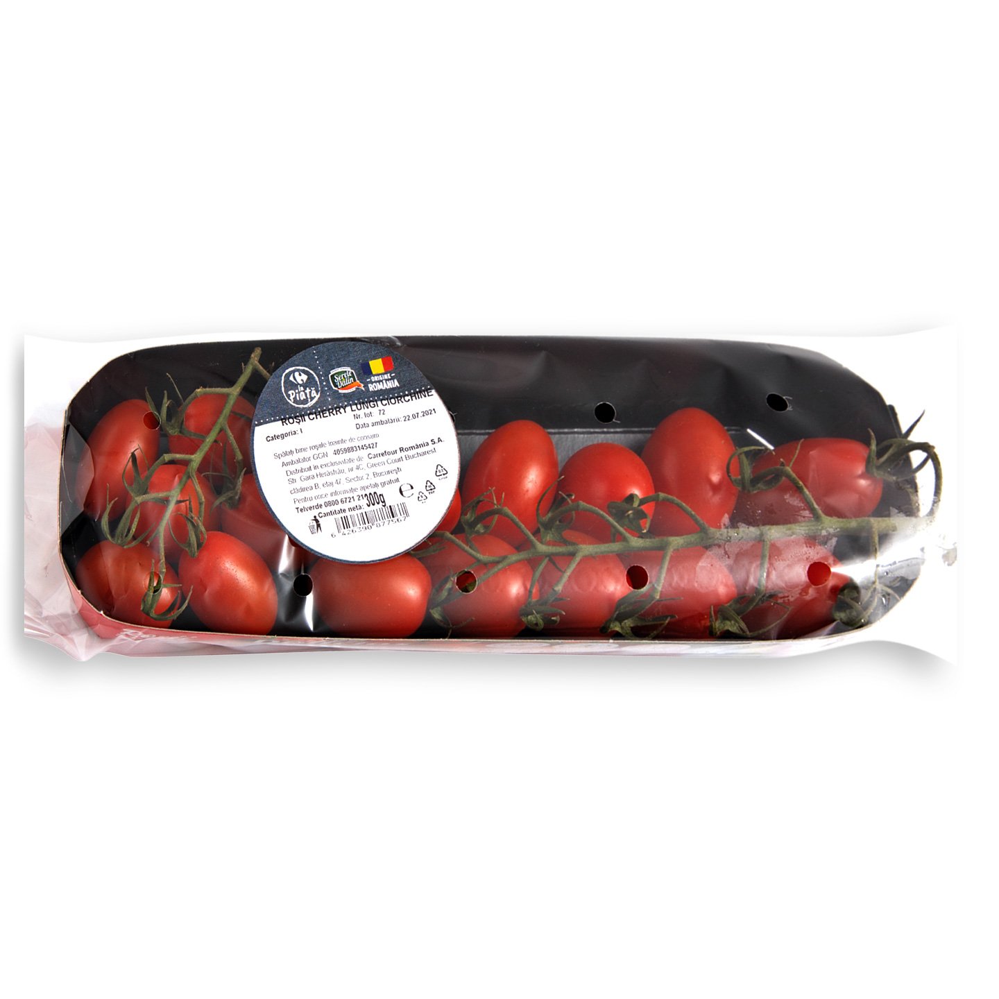 Roșii cherry ciorchine Carrefour la Piață 300g, țară de origine România, calitatea I