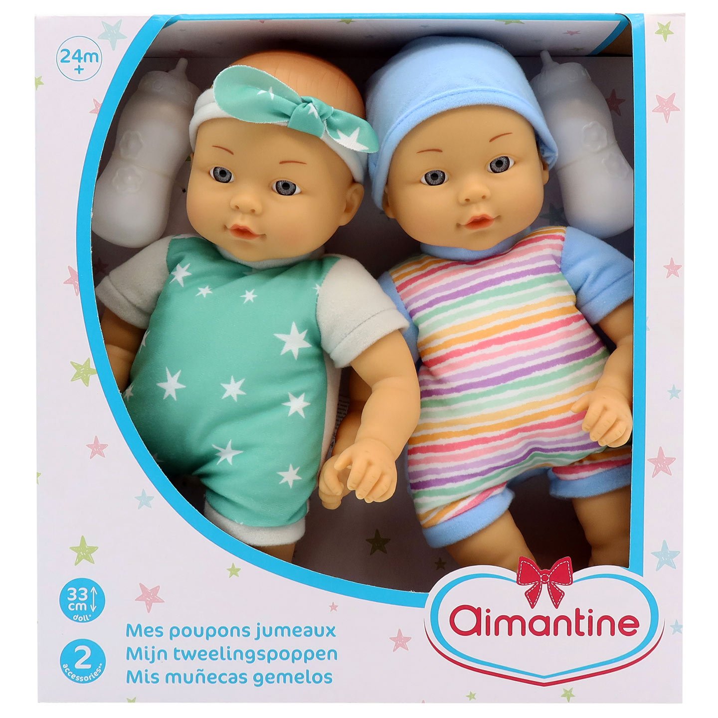 Set 2 păpuși bebeluși gemeni Aimantine, 2 biberoane incluse, 33 cm