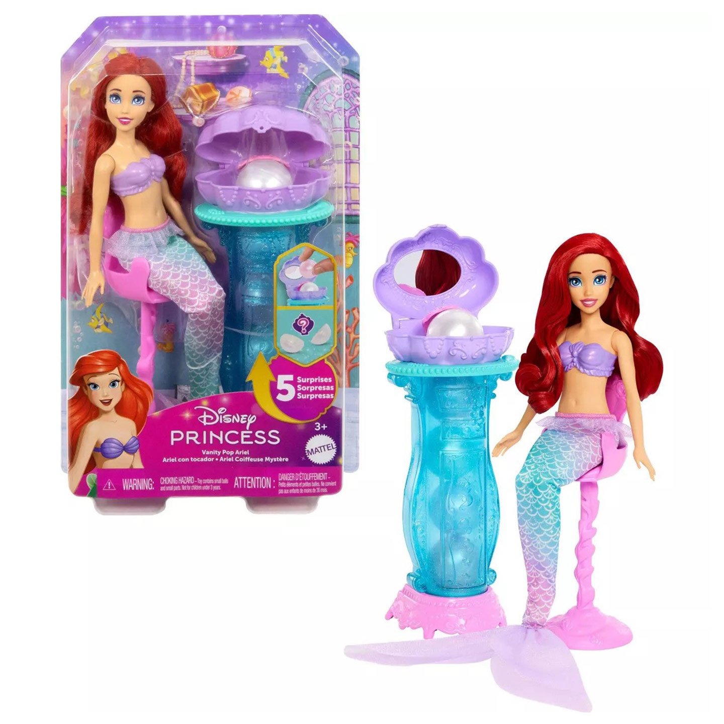 Papușa Printesa Disney Ariel cu set de toaletă și cu 5 surprize