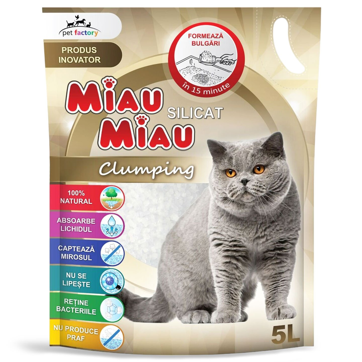 Așternut silicatic Miau Miau Clumping, 5L
