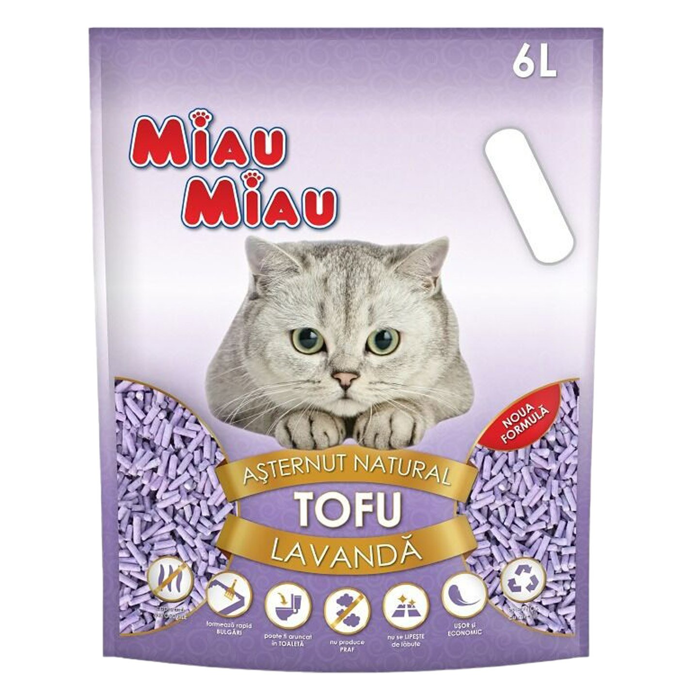 Așternut igienic pentru pisici, tofu, lavandă Miau Miau 6L