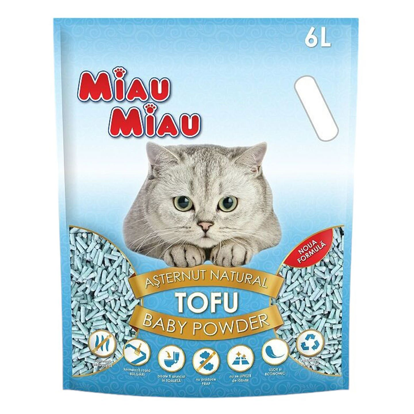 Așternut igienic pentru pisici, tofu, talc Miau Miau 6L