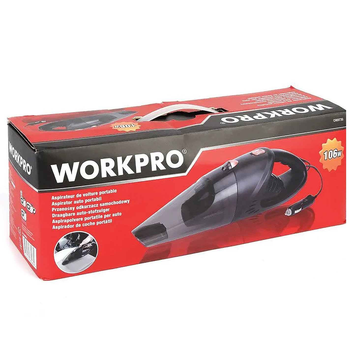 Aspirator auto cu 4 accesorii WorkPro, 12 V, 120 W, Negru