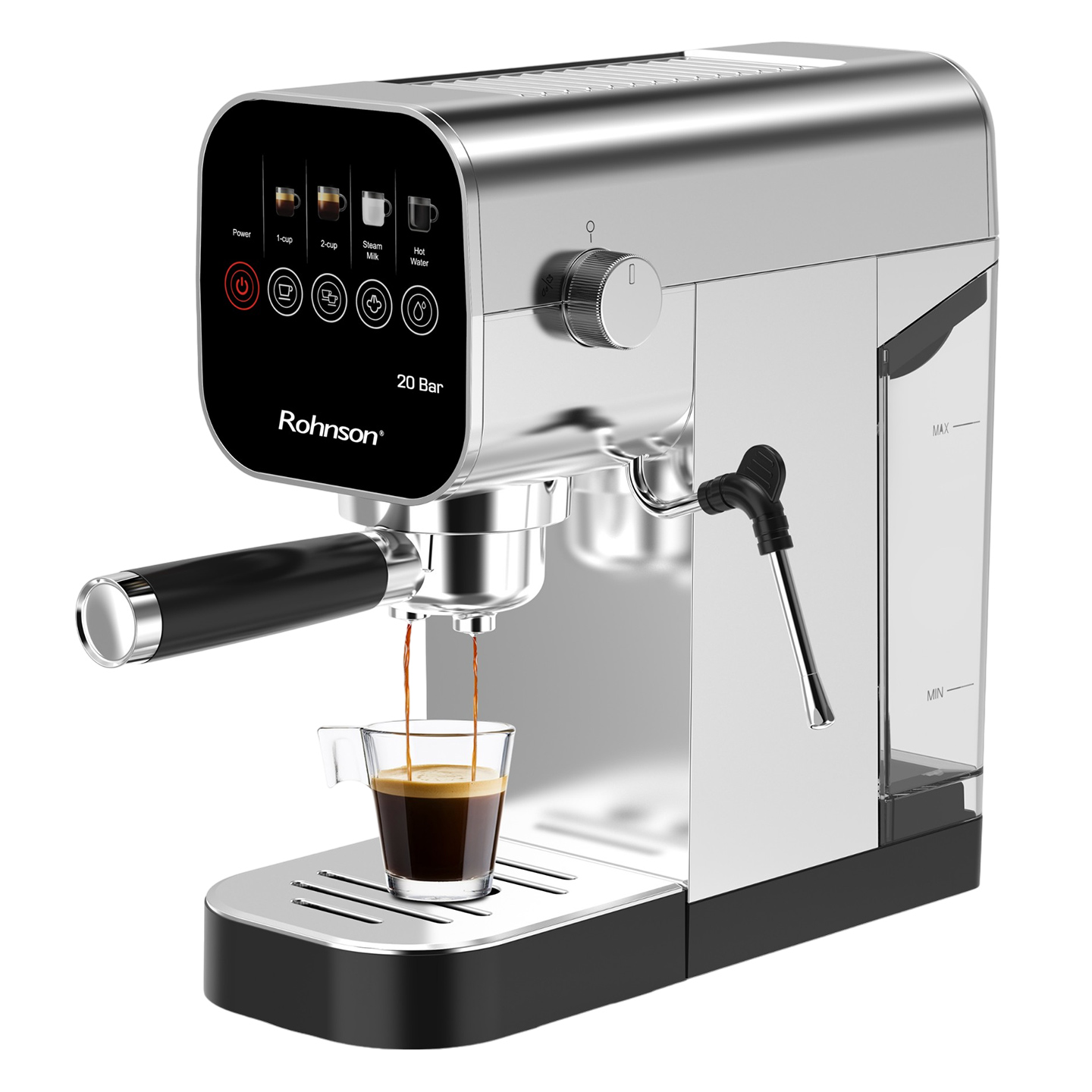 Espressor manual slim, R98100, 20 bari, 0.9L, 1360 W, argintiu / negru Rohnson