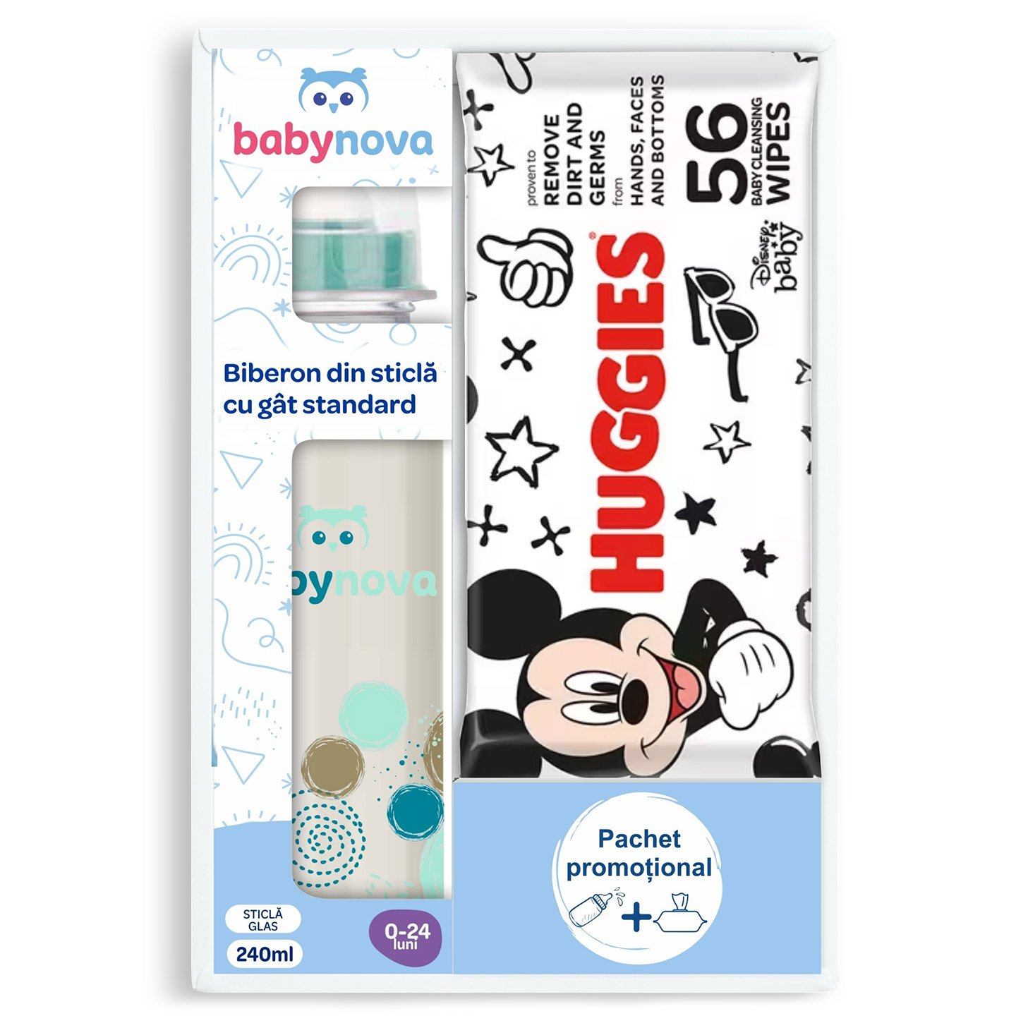 Pachet biberon 240 ml + șervețele umede Baby Nova